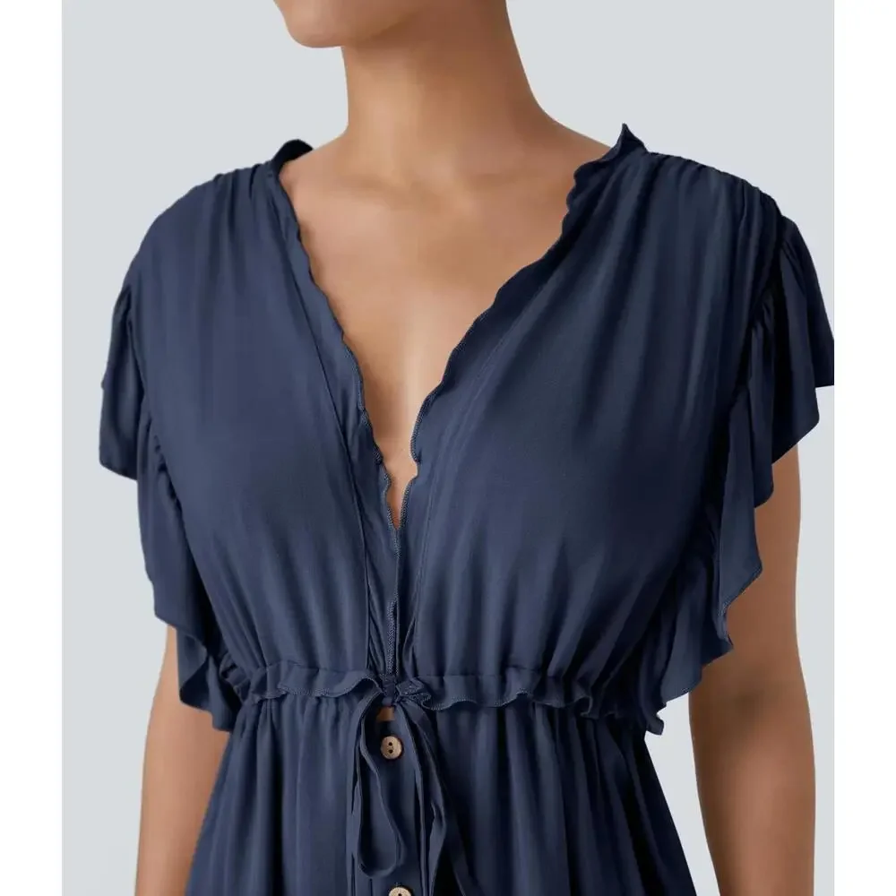 NWT Halara Deep V Neck Butterfly Sleeve Pocket Flowy Maxi Casual Dress Blue XL